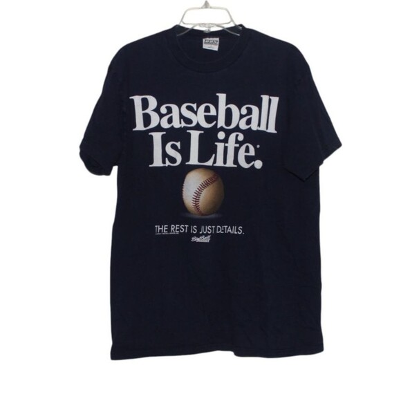 Vintage Big Ball Sports 'Baseball Is Life' Tee Navy Blue Size Large Made in USA - Picture 1 of 5